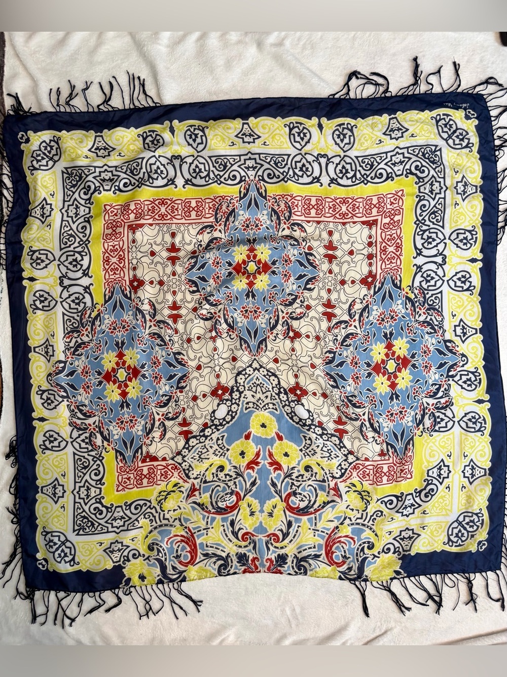 Johnny Was 100% Silk Oversized Square Scarf Tassel Fringe Boho Wrap 43” x 43”